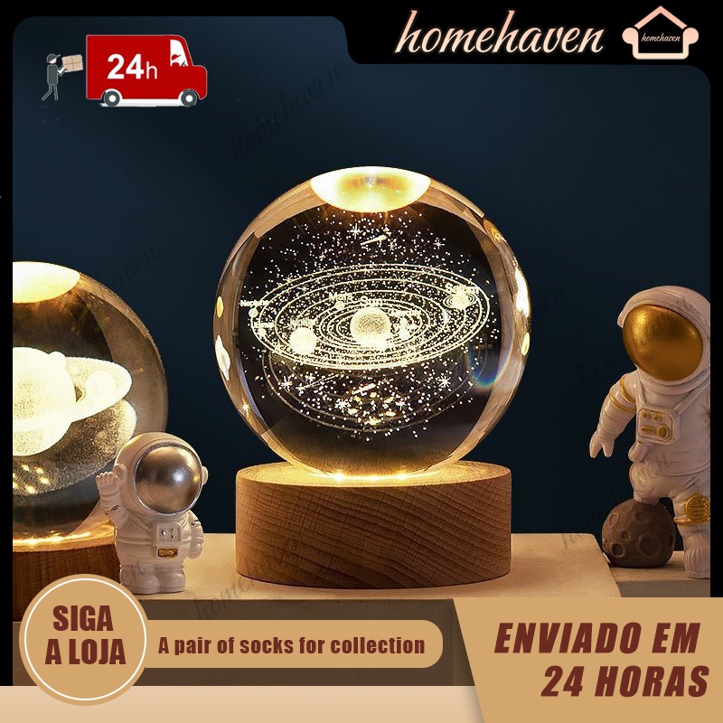 Luminária Cristal de Mesa Sistema Solar Saturno Lua Galáxia LED Base Madeira Enfeite Decorativo Casa