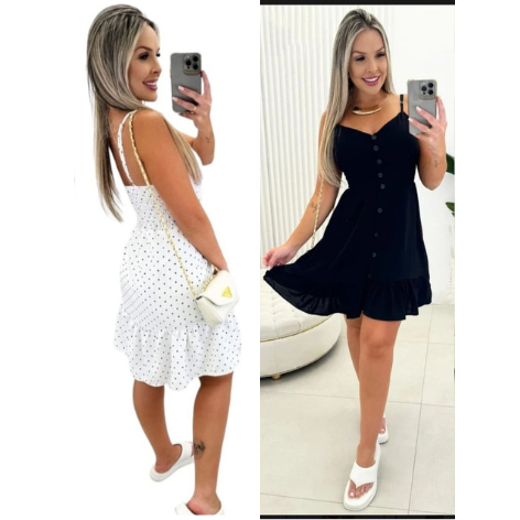Vestido Curto Com Botões A Frente Com Babado e Bojo Elástico Costas Moda 2024
