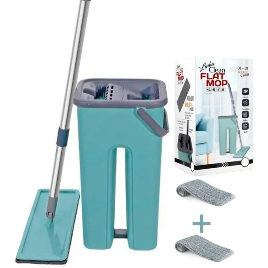 Rodo Flat Mop E Balde 5 Litros Para Limpeza Em Geral Com 2 Refis