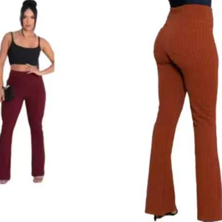 CALCA FLARE FEMININA TECIDO BUBBLE CINTURA ALTA COM BOLSA P OÃ XG