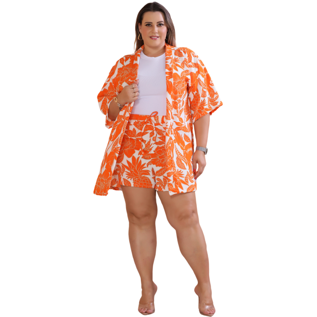 Conjunto Feminina (Kimono+Short) Cintura Com Elastica Mode Verão Tam ...