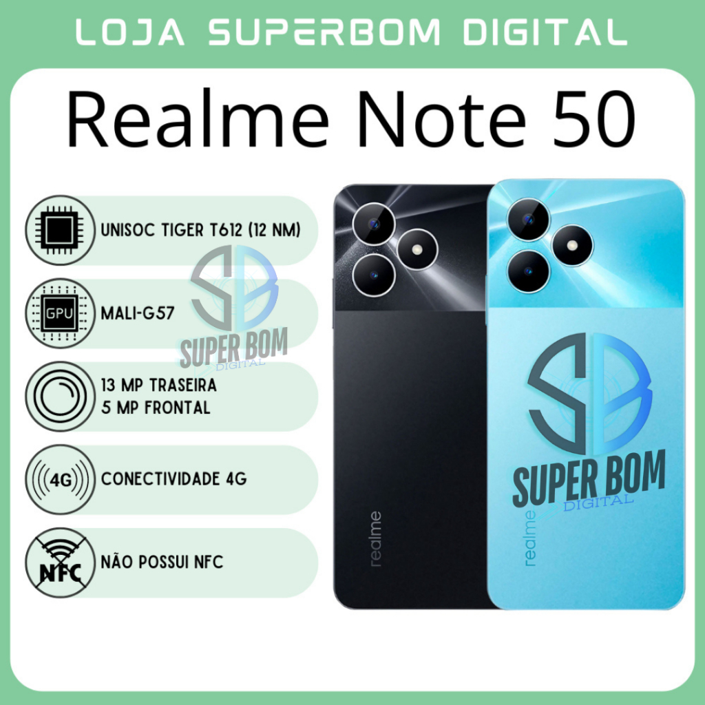 Realme NOTE 50 4G (Versão Global) | Câmera de 13MP, Processador Unisoc Tiger T612 (12 nm), GPU Mali-G57 (NOVO/LACRADO)