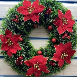 Guirlanda Natalina 38Cm De Natal Decorativa Para Porta Com Flores Vermelhas Douradas Decoração