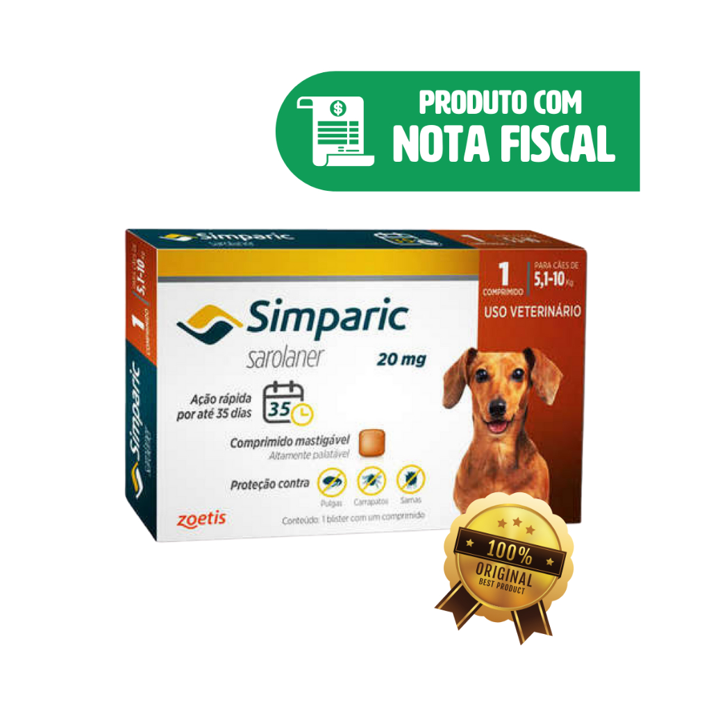 Simparic 20mg Original P/ Cães 5,1 A 10kg Antipulgas Carrapato Sarna ...