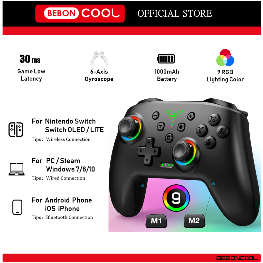 Controle Sem Fio BEBONCOOL RGB: Estilo e Performance para Nintendo Switch, PC e Celulares