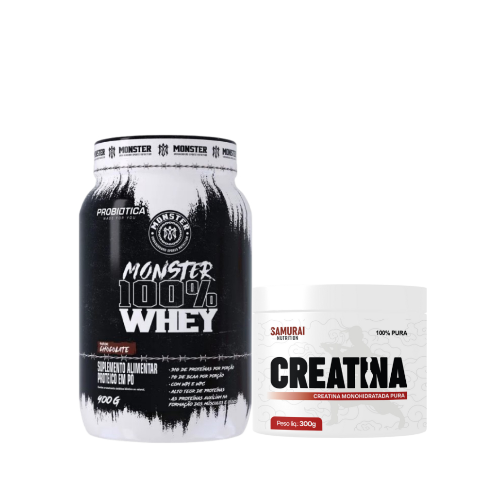 Kit 1x Whey 100% Pote 900g Monster Probiotica + 1x Creatina Monohidratada Pura 300g - Samurai Nutrition