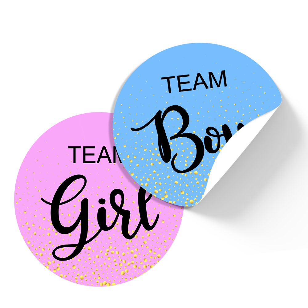 120 tags adesivos Chá Revelação timr team girl ou boy azul e rosa