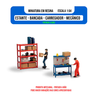 Mini bancada e Mini estante impressas em resina e pintadas a mão na escala 1:64 para dioramas e cenários de garagem e oficina com veículos Hot Wheels, Match Box, Mini GT, Majorette e outros