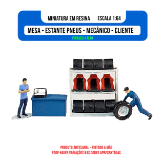 Miniatura de mesa com computador e Miniatura de Expositor de Pneus impressas em resina e pintadas a mão na escala 1:64 para dioramas e cenários de garagem e oficina com veículos Hot Wheels, Match Box, Mini GT, Majorette e outros