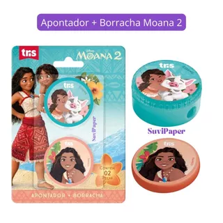 Kit Apontador + Borracha Moana 2 Disney - Apontador Lápis Comum Tris Cartela