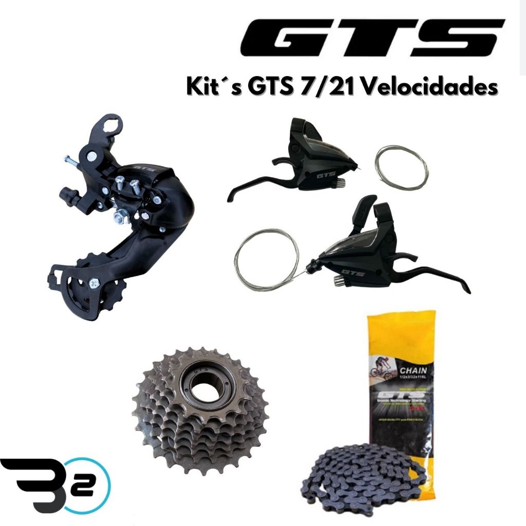 Cambio Traseiro GTS + Catraca Roda Livre 7V GTS + Corrente Fina Index GTS + Passador Trocador de Marcha GTS 7/21 Velocidades Marchas para Bicicleta Bike