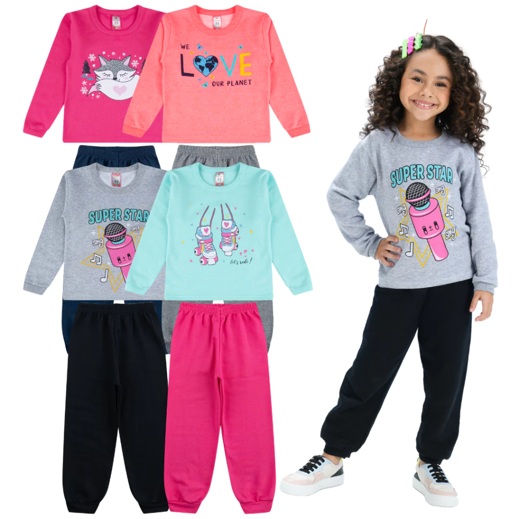 Kit 6 Peças Conjunto Moletom Infantil Menina 1 ao 8 anos Inverno Manga ...