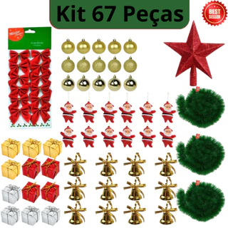 Kit 67 Enfeites Para Árvore de Natal com Estrela, Bolinha 4cm, Festão