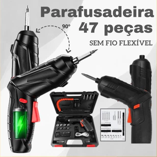 Mini Parafusadeira Furadeira Elétrica Sem Fio USB Portátil 4.2V Bivolt 47 Peças Maleta Preta Flexível Bateria Recarregável