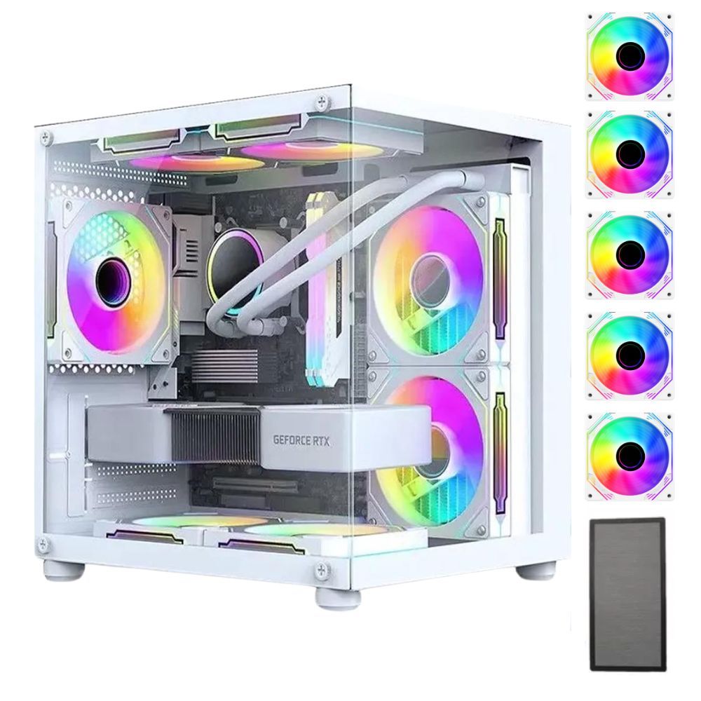 Gabinete Gamer Branco Com 5 Fans Rgb Inclusas Micro Mini Atx Water cooler Tampa de Vidro