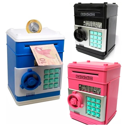 Cofre Digital Eletrônico Puxador Notas Moedas Automático Senha Alarme Mini Cores Rosa Azul Preto