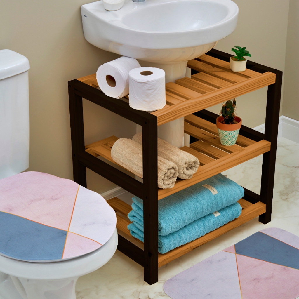Estante para Banheiro Pia Coluna, Gabinete Banheiro, Móvel para Banheiro, Envernizado Acabamento TOP