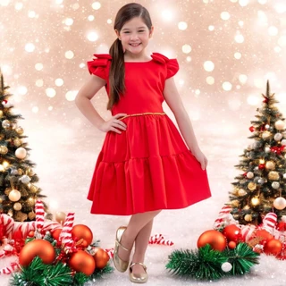 Vestido Natal Menina Presente Infantil Moda Juvenil Fashion Blogueira Luxo Detalhes Manga Laço Linda