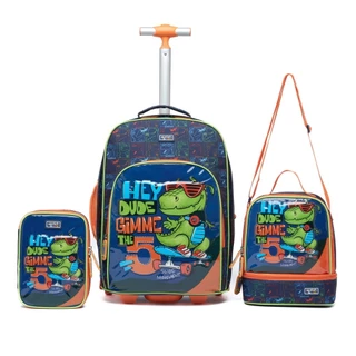 Kit Mochila Rodinha Masculino Menino Jacaré Juvenil Escolar Lancheira Térmica Estojo Organizador