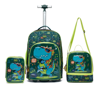 Kit Mochila Rodinha Dino Masculina Menino Juvenil Escolar Lancheira Térmica Estojo Organizador Moderna