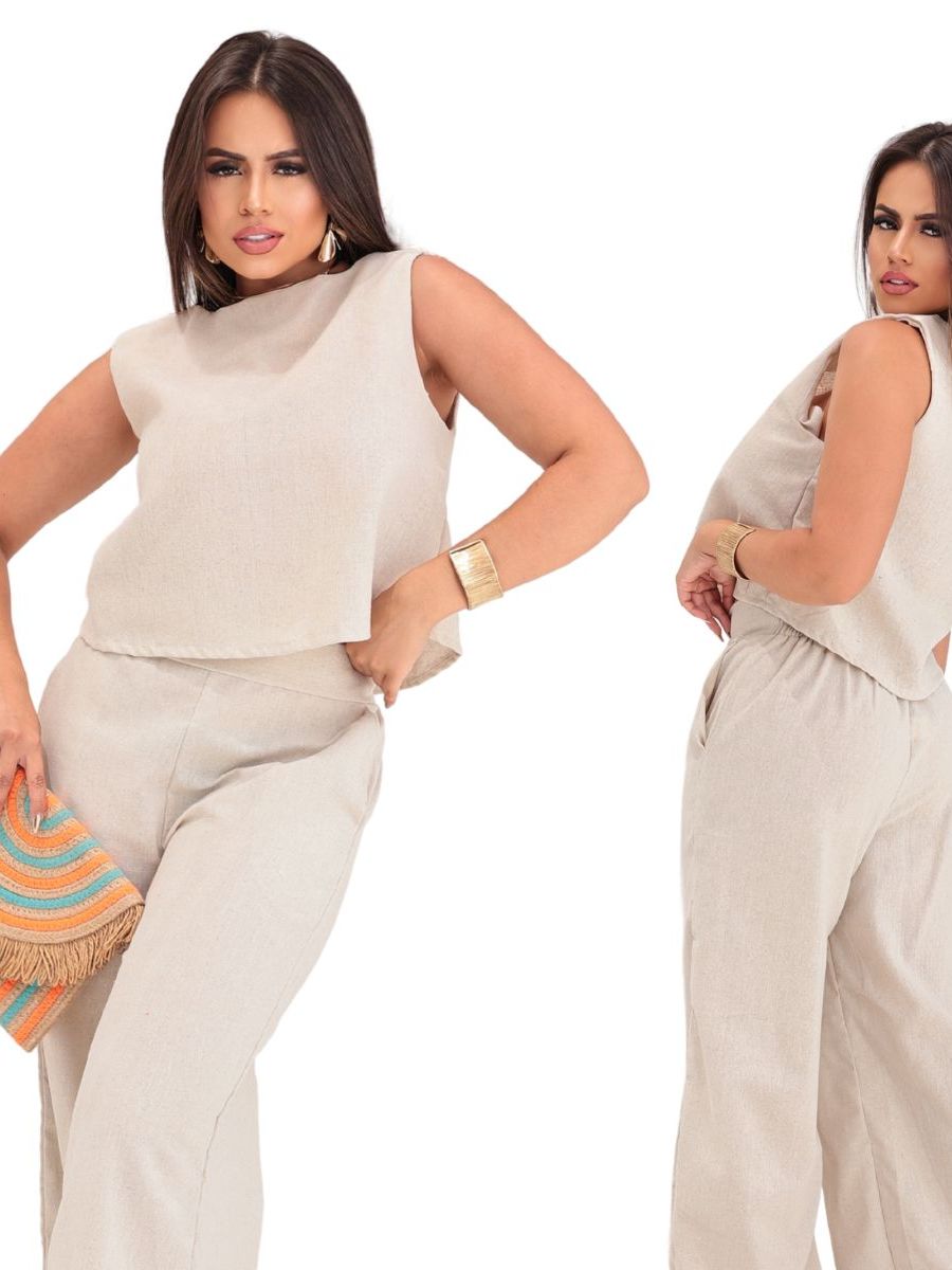 Conjunto Alfaiataria Social Feminino Calça e Blusa Em Linho | Shopee Brasil