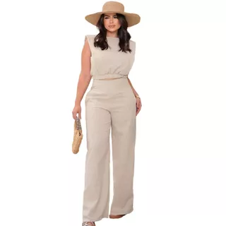 Conjunto Feminino em Linho Blusa e Calça Alfaiataria