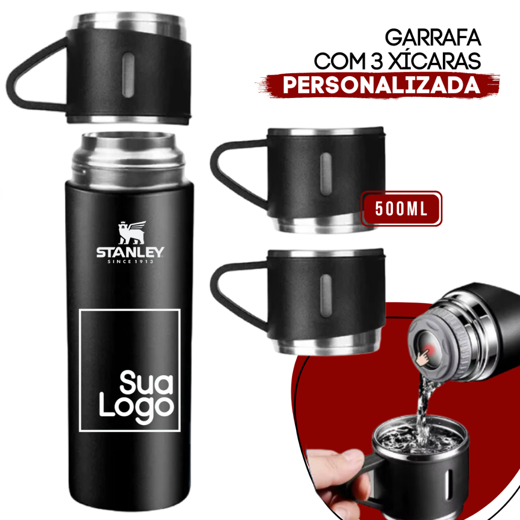 Kit Garrafa 3 Xícaras Personalizado 500ml Squeeze Térmica Inox Copo Bebida Quente Fria Tampa Vácuo