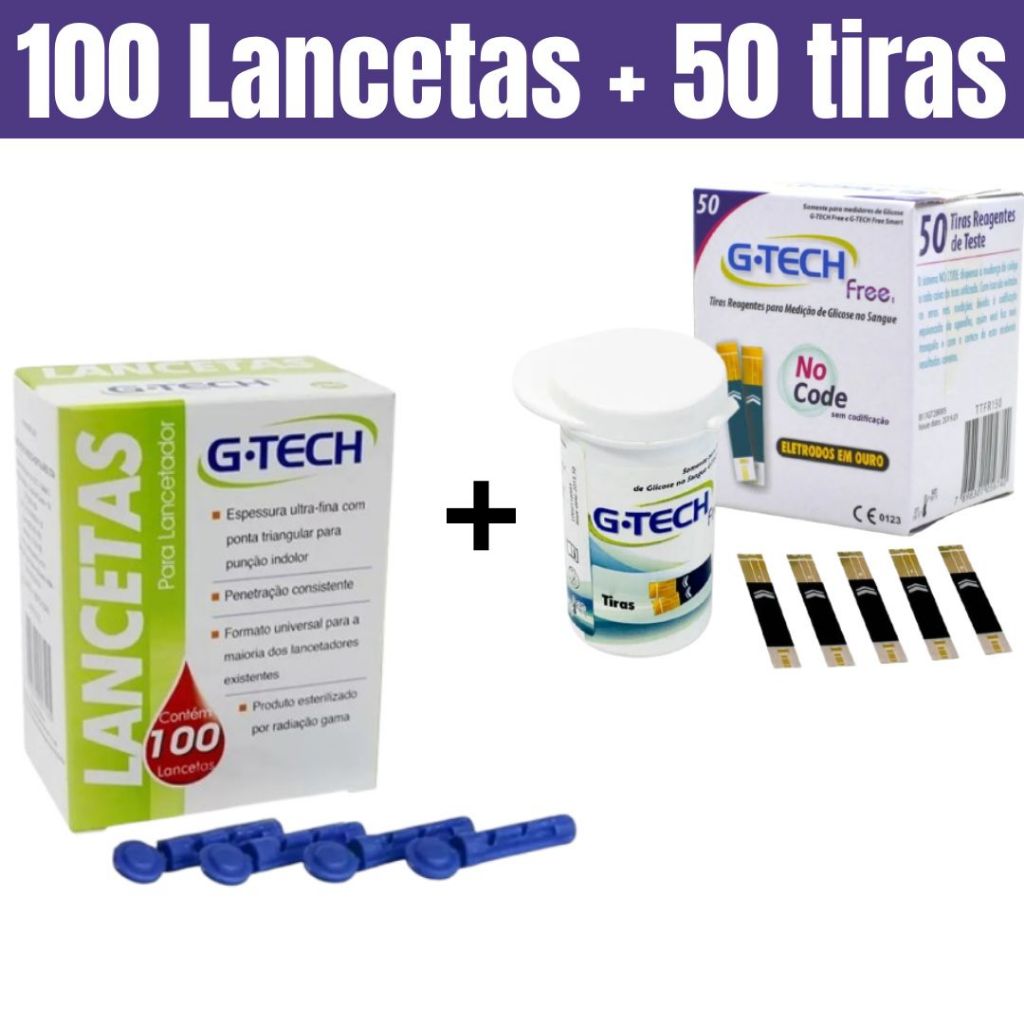 Kit 50 Tiras Reagentes G-Tech free+ 100 Lancetas G-Tech