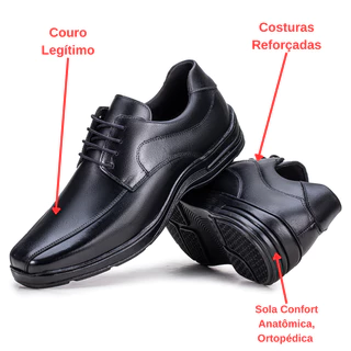 Sapato Social Masculino Comfort Couro Legitimo Ortopédico Anti Stress Cadarço 33 ao 46 Ref: 0502