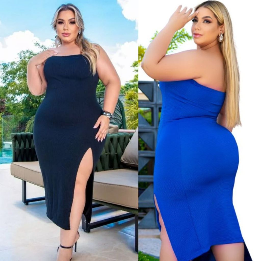 Vestido Feminino Plus Size Midi Modela o Corpo Tomara que Caia Fenda ...