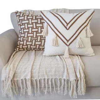 Kit Manta De Sofá 150x150cm + 2 Capas De Almofadas Pompom Boho Pingente Trance Decoração Moderna