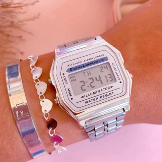 Relógio Retrô Wr Unissex Prata Fundo Branco Preto Digital Led Vintage Feminino