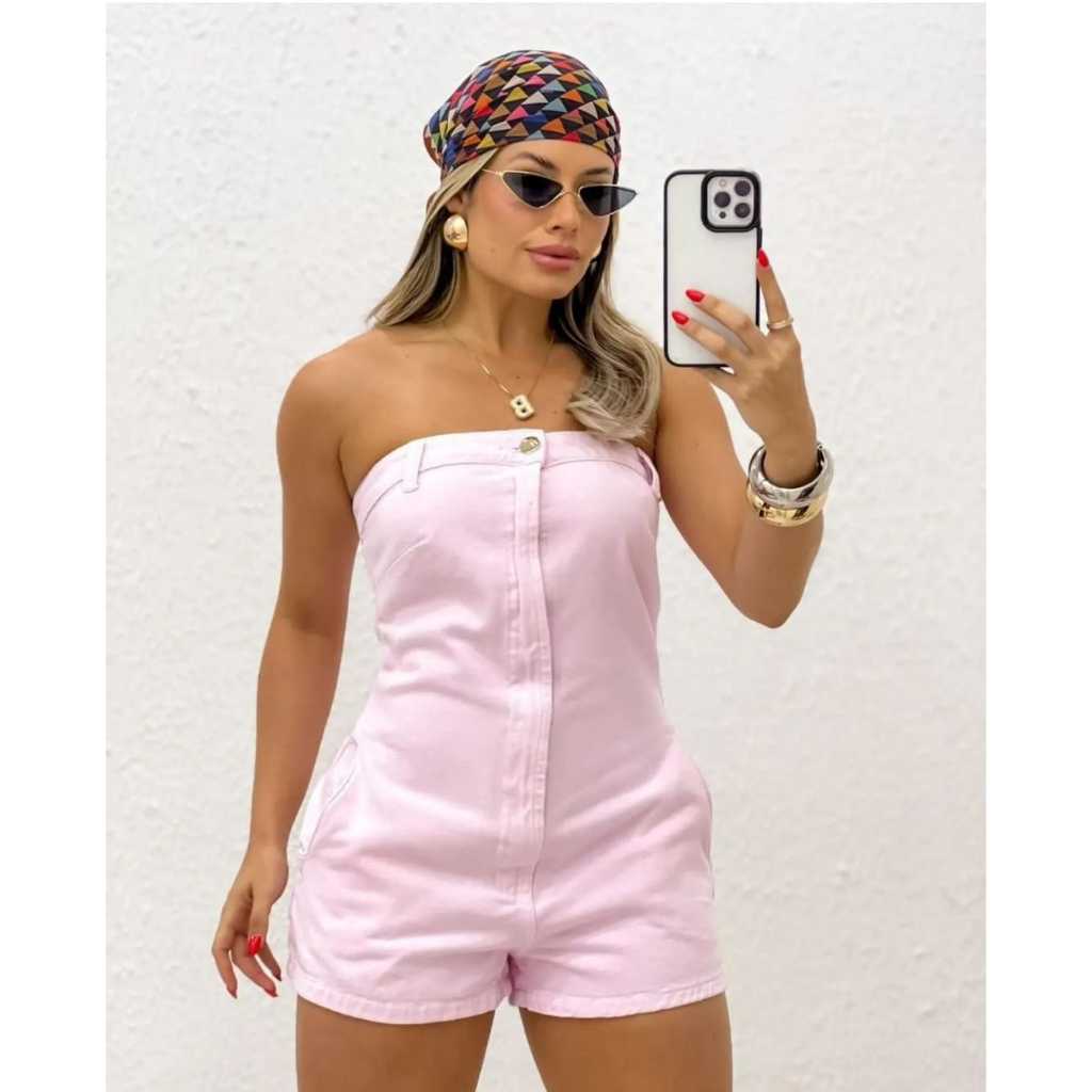 Macacao Curto Jeans Blogueira Tomara que Caia | Shopee Brasil