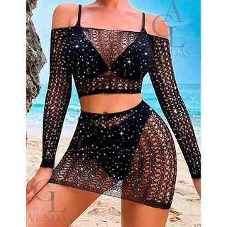 CONJUNTO LINGERIE COM BRILHO SENSUAL DE ARRASTAO CROPPED GOLA CANOA E SAIA / CONJUNTO MODA BLOGUERINHA COM PEDRARIA.3308