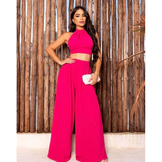 Conjunto Feminino Calça E Top Em Duna Gola Alta Elegante