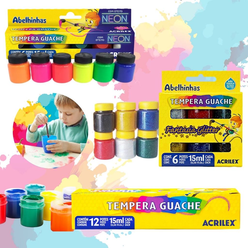 Tinta Guache Acrilex Tempera Kit 24 cores Glitter Neon e Básica Tinta ...