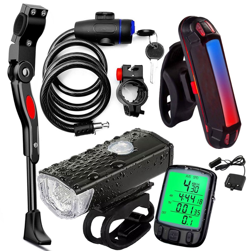 Farol Bike 300 Lumens + Sinalizador Traseiro + Pezinho Lateral + Velocímetro + Trava Cabo De Aço Mtb