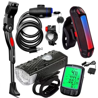 Farol Bike 300 Lumens + Sinalizador Traseiro + Pezinho Lateral + Velocímetro + Trava Cabo De Aço Mtb