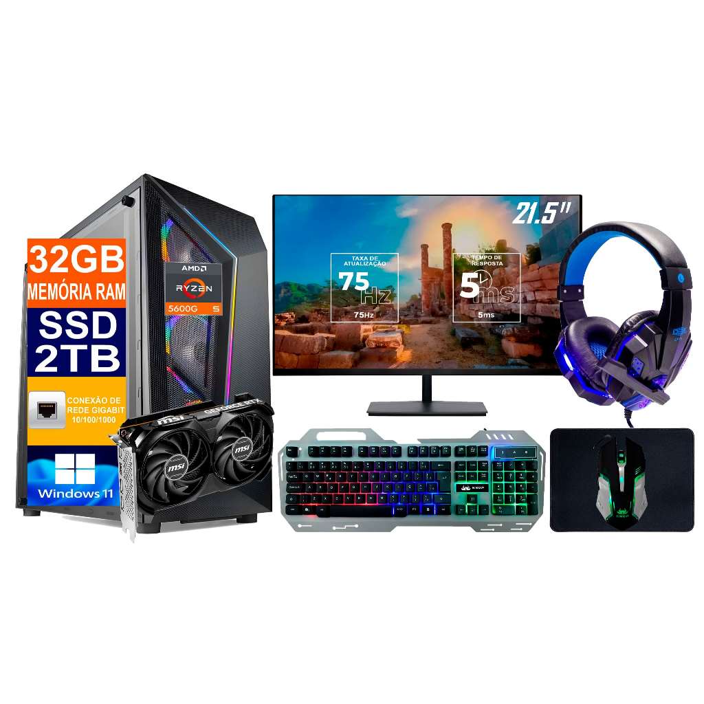 PC Gamer Cpu Ryzen 5 5600g / Ssd 2TB / 32GB Memória Ram DDR4