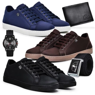 Kit 3 Sapatênis Masculino Polo Fran + Relógio + Carteira + Cinto Tênis Básico Casual