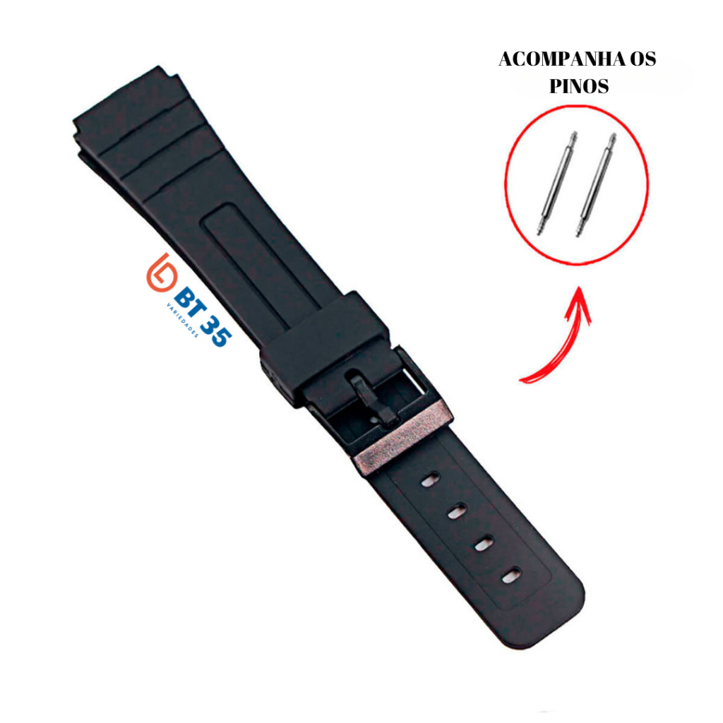 Pulseira Compativel Casio F91 + Pinos 18mm F 91 - F91w - F-94w - F-28w - F-105w - F-106w (Preto) / Aqua AQ-81 - p/ Relógio de Pulso