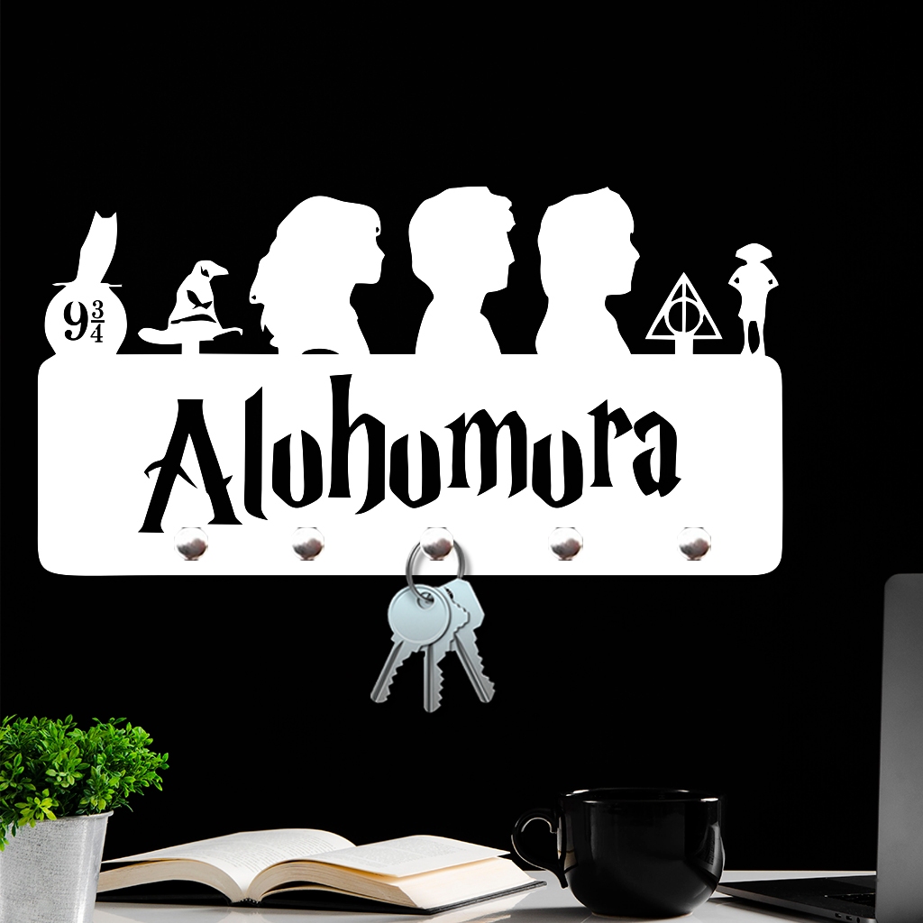 Porta Chaves de Parede Decorativo Autocolante 3mm Decorativo Alohomora em MDF Branco