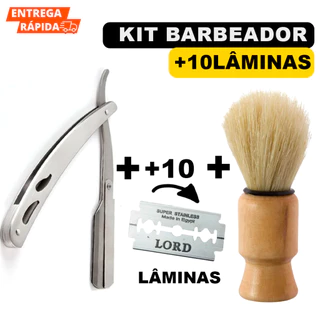 Kit Barbeiro Navalhete Inox + 10 Lâminas + Pincel de Barbear Profissional