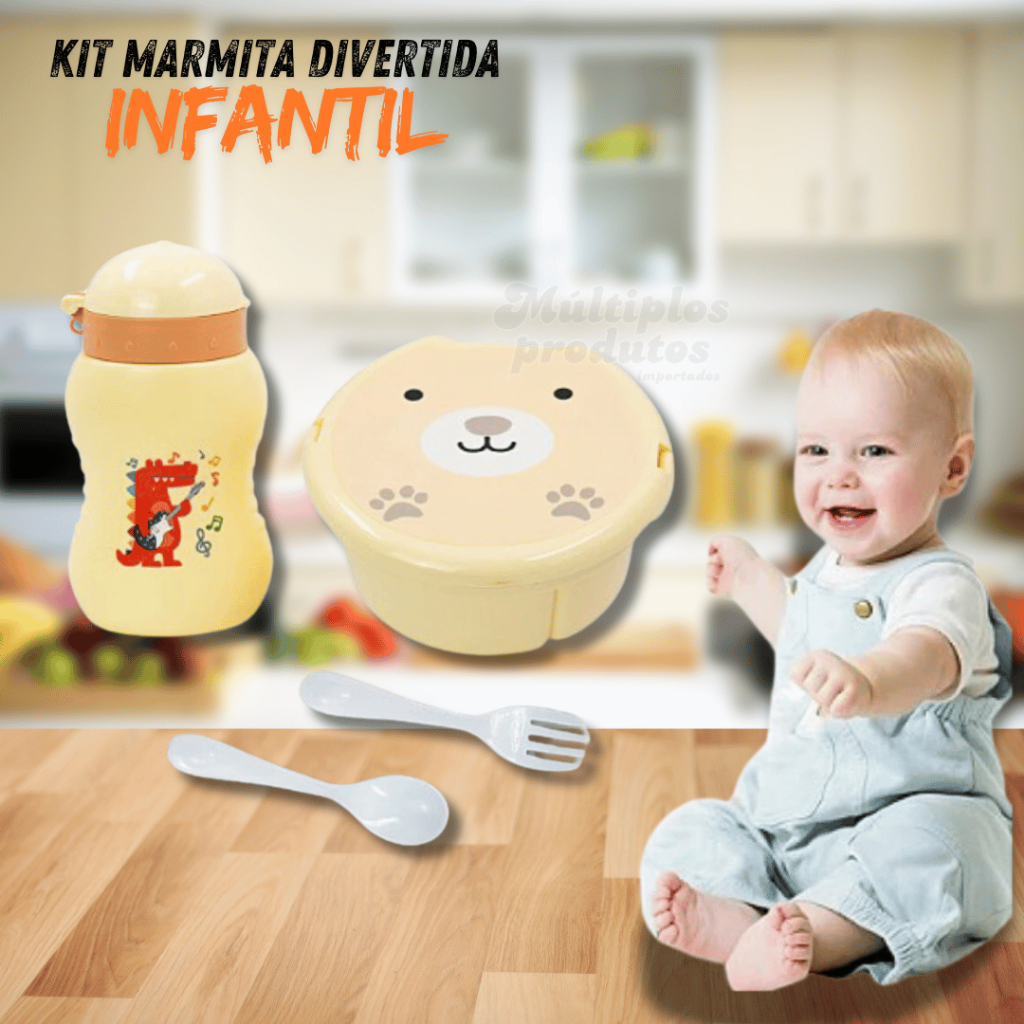 Kit Pote Marmita Infantil Com Divisória E Talher + Garrafa