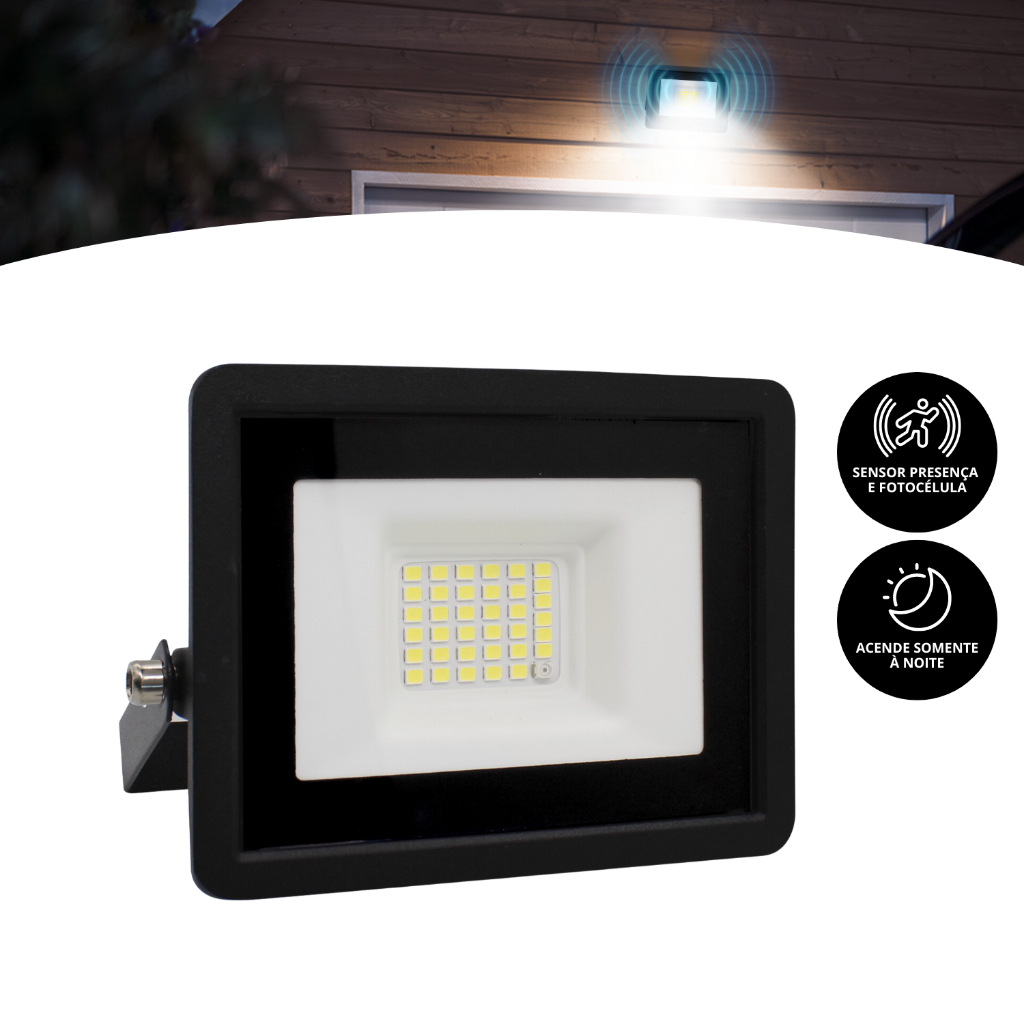 Refletor Led 30w Prova D'agua Bivolt Com Sensor De Presença