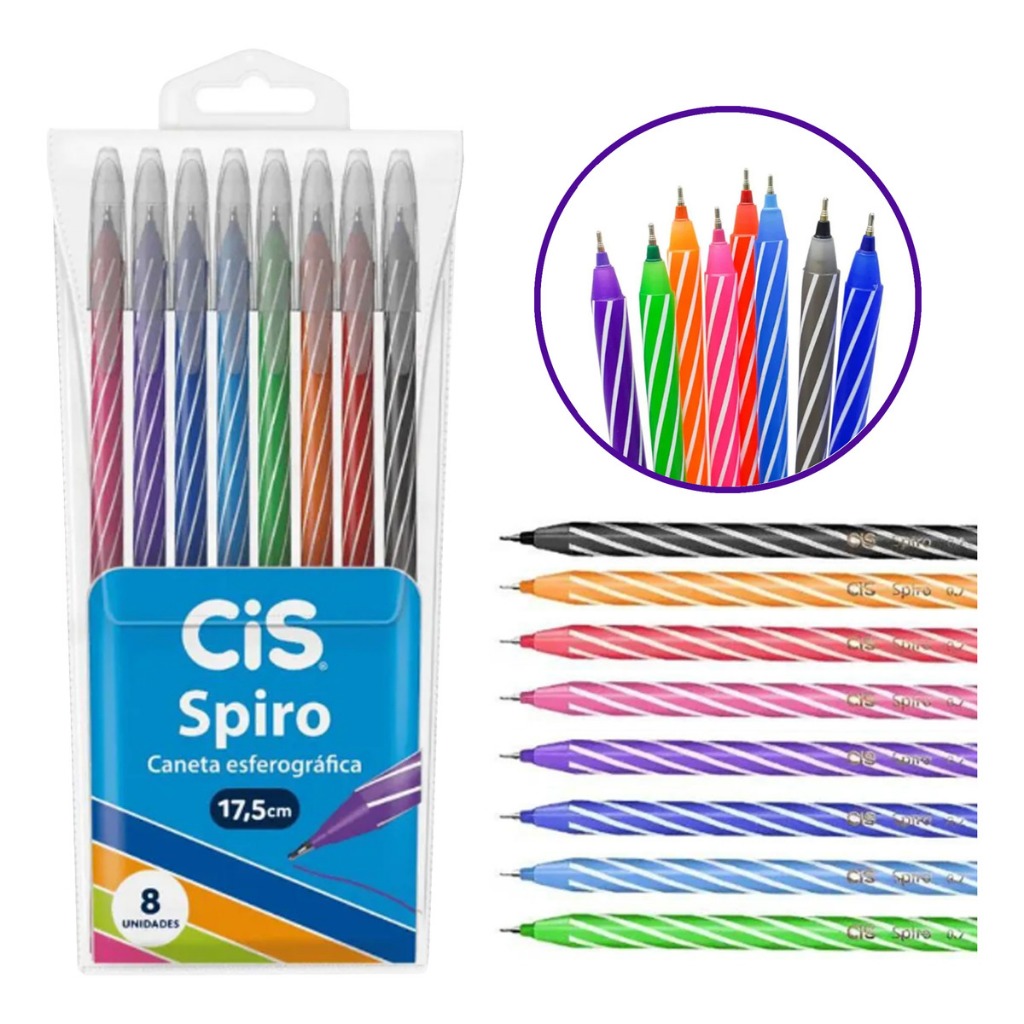 Canetas Coloridas Esferográficas Cis Spiro Traço Fina 0.7 Mm Em Estojo ...