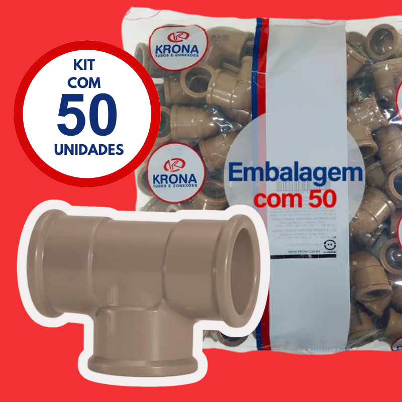 KIT DE 50 UNID. TE SOLDAVEL 25 MM KRONA - MARROM LISO PARA INSTALAÇÕES HIDRÁULICAS DE AGUA FRIA