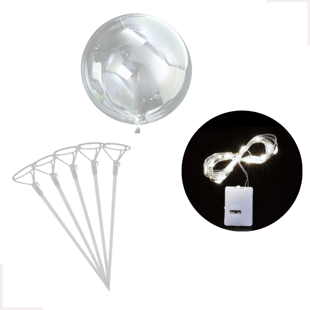 Kit 10 Bubble 18 polegadas + 10 varetas 50 cm + 10 LED 2 Metros, Luz Branca, Pisca Pisca