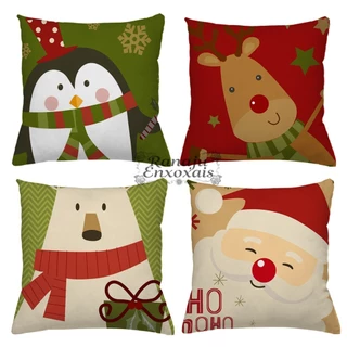 KIT 4 CAPAS DE ALMOFADAS DECORATIVAS NATAL PAPAI NOEL RENA - TAMANHO 45X45