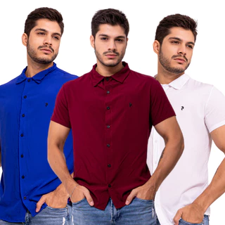 Kit 3 Camisetas C/Botão Em Viscose Manga Curta Básica Casual Moda Praia